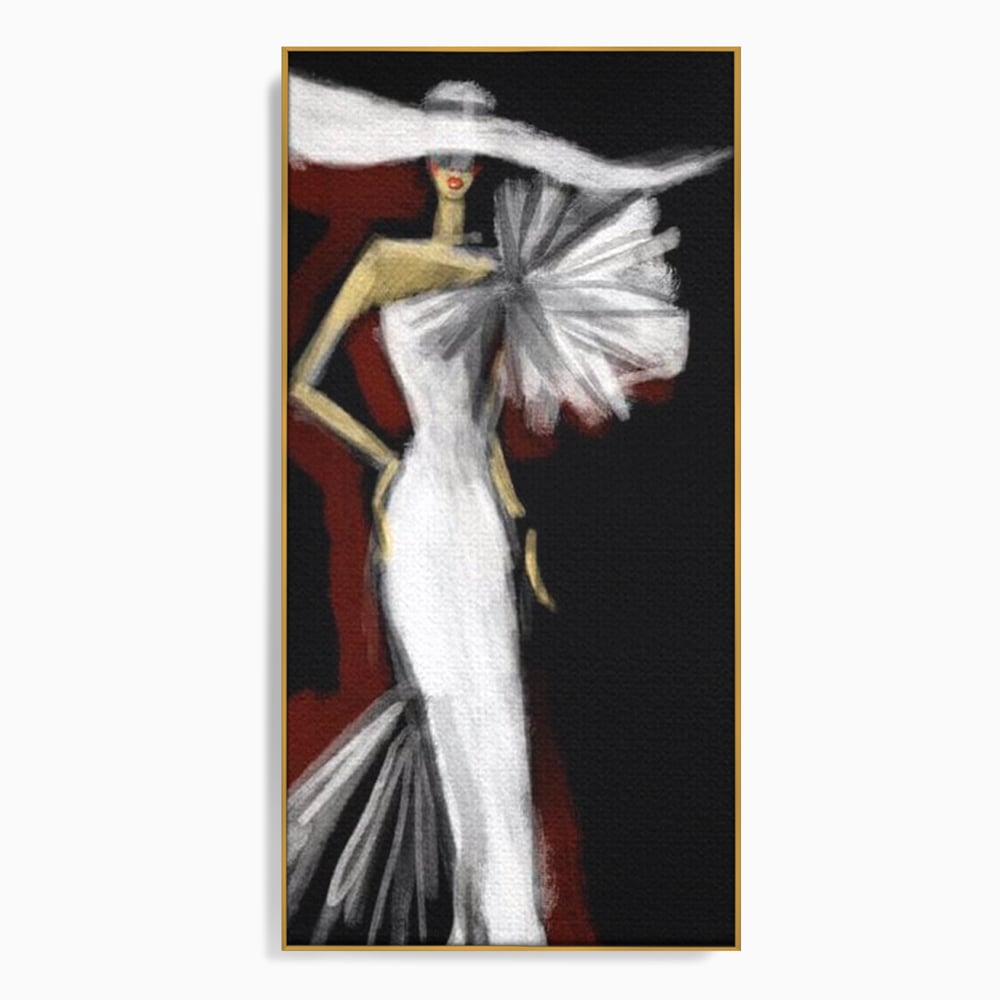 Tablou canvas cu ilustratie cu manechin in rochie alba, in rama de aluminiu auriu